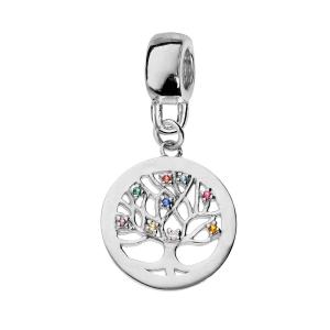 CHARMS COULISSANT ARGENT PLATINÉ SUSPENDU ARBRE DE VIE OXYDES MULTI COULEURS SERTIS
