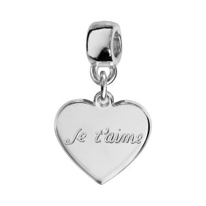 CHARMS COULISSANT  ARGENT RHODIÉ COEUR JE T'AIME