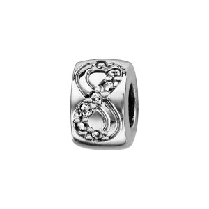 STOPPER ARGENT RHODIÉ RONDELLE MOTIF INFINI AVEC OXYDES BLANCS SERTIS AVEC CAOUTCHOUC INTERIEUR