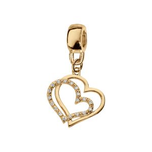 CHARMS COULISSANT VERMEIL SUSPENDU DOUBLE COEURS OXYDES BLANCS SERTIS